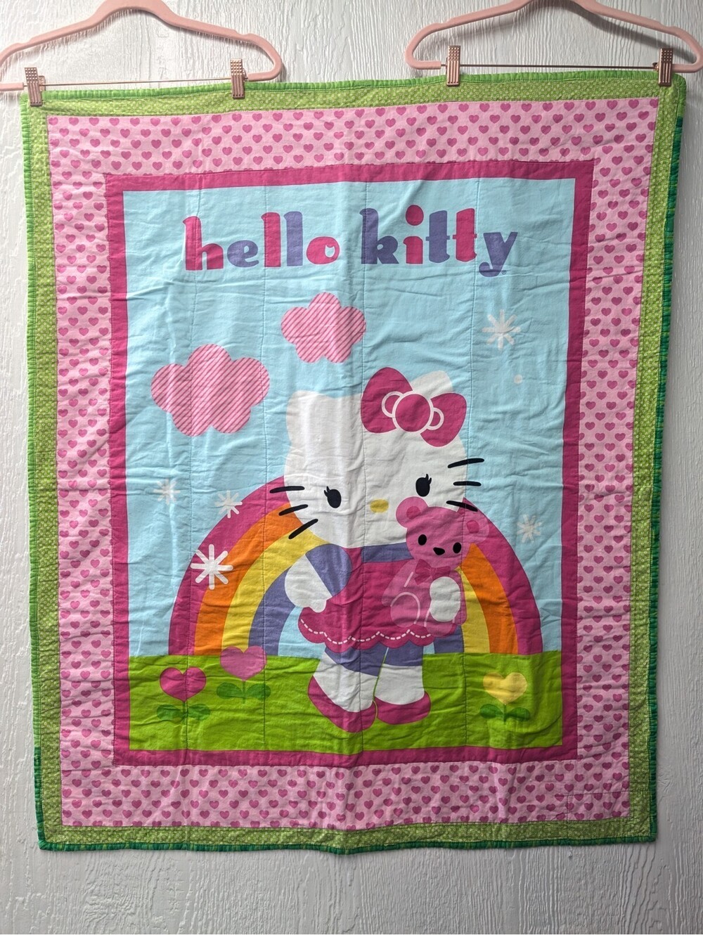 Vintage Y2K Hello Kitty and Teddy Quilt Patchwork Baby Blanket Throw 36x44